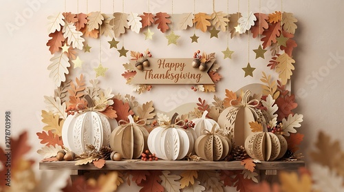 Festive autumn display with pumpkins dried flowers and a cozy home background