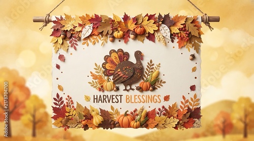 Festive autumn welcome sign featuring a turkey and colorful fall leaves hanging outdoors