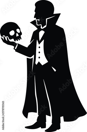 Bild auf Leinwand Vampire holding a skull silhouette vector illustration for dark fantasy and horr