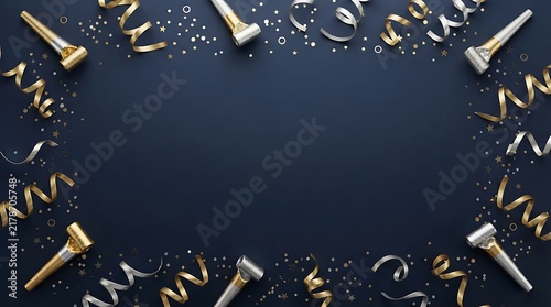 Celebration background with golden confetti and party horns on a dark surface