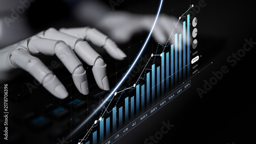 Photography A robotic hand interacts with a digital financial graph showcasing growth trends and data analysis concepts, highlighting the synergy between technology and innovation
