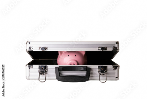 Pink Piggy Bank Peeking Out of Silver Briefcase