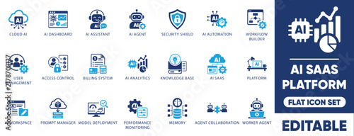 AI SaaS platform flat icon set. featuring AI agents, prompt manager, workflow builder, cloud AI, and model deployment symbols.