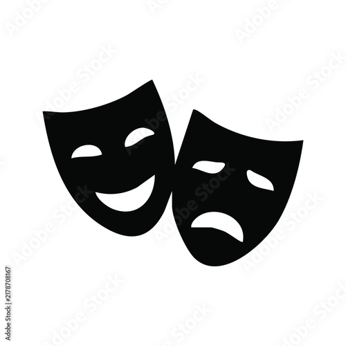 Black and white illustration of classic comedy and tragedy theater masks representing drama and performing arts