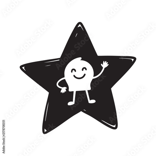 A hand drawn doodle of a happy little character waving inside a solid black star shape