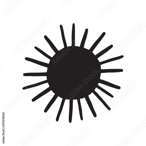 A simple hand drawn black sun icon with radiating rays isolated on a white background
