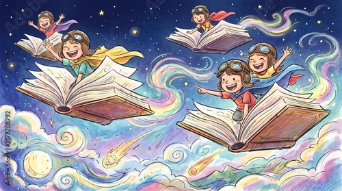 A joyful cartoon drawing, loose style, of children flying across a starry sky on top of giant, open, magic books,