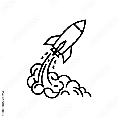 Minimalist rocket ship launching icon with smoke trail