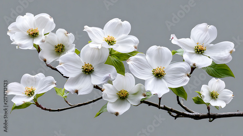 White dogwood flowers bloom on a branch against a gray background