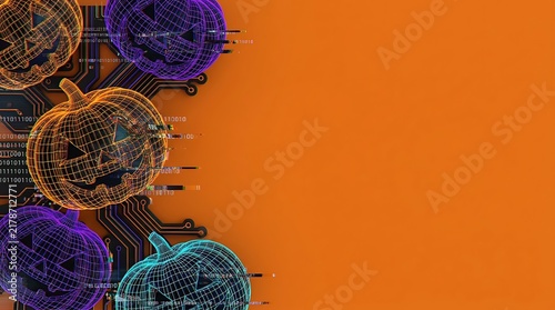Cyber Halloween Tech Background with Wireframe Pumpkins