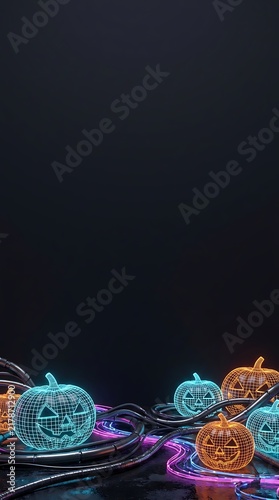 Cyberpunk Halloween Pumpkins with Neon Glowing Wire