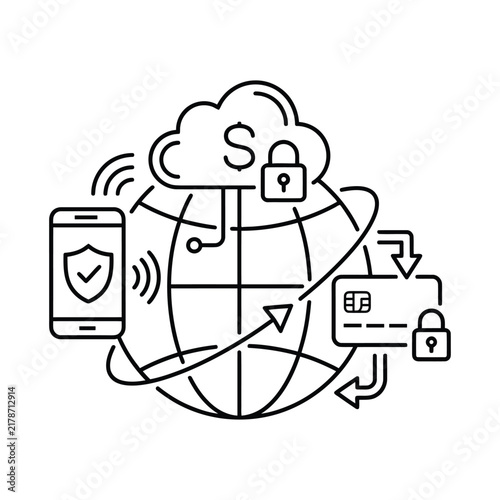 Global Secure Mobile Payment and Cloud Finance Network Line Icon