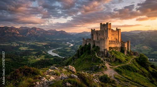 Stone castle on a hill overlooking a river valley at sunset