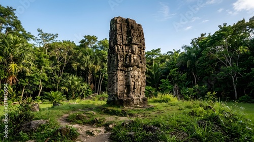 Ancient stone monument in lush tropical jungle ruins archaeological site