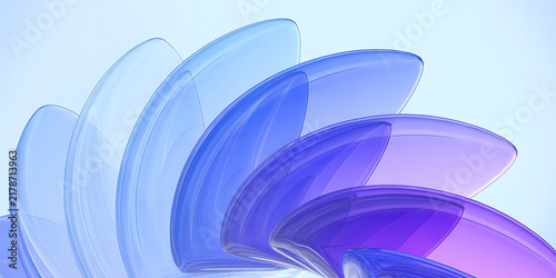 Abstract composition of translucent blue and purple glass discs arranged in a curved fan shape on light blue backdrop.