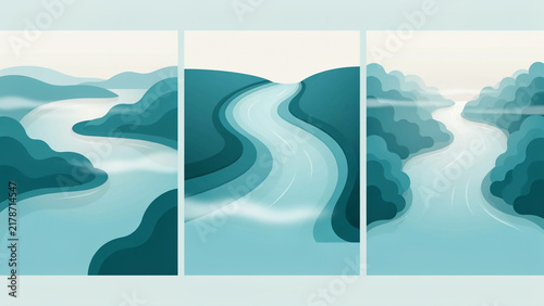 Three panel abstract landscape featuring winding rivers and rolling blue hills