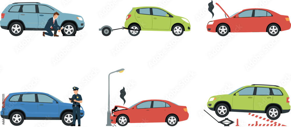 Fototapeta premium Car Breakdown Roadside Assistance and Traffic Accident Flat Vector Illustration Set with Tire Change Engine Overheating Police Investigation and Vehicle Towing Elements