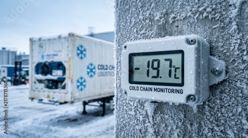 Digital thermometer showing -19.7 degrees Celsius on a frosted wall next to a cold chain logistics container