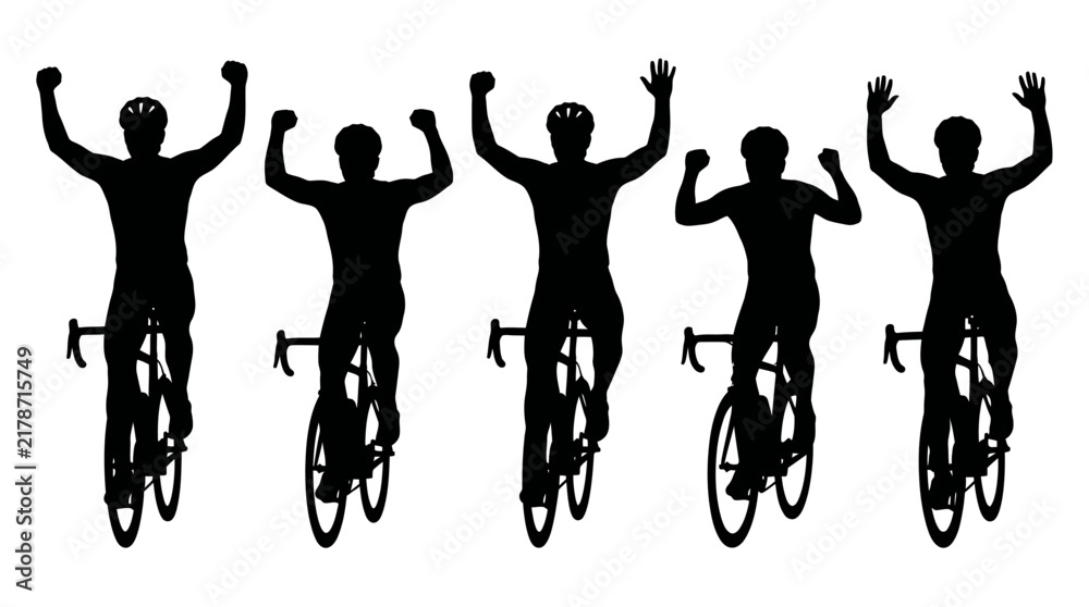 Obraz premium Cyclists riding bicycles in various celebratory poses black silhouette
