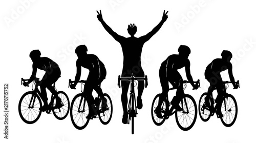 Cyclists racing with a winner celebrating black silhouette