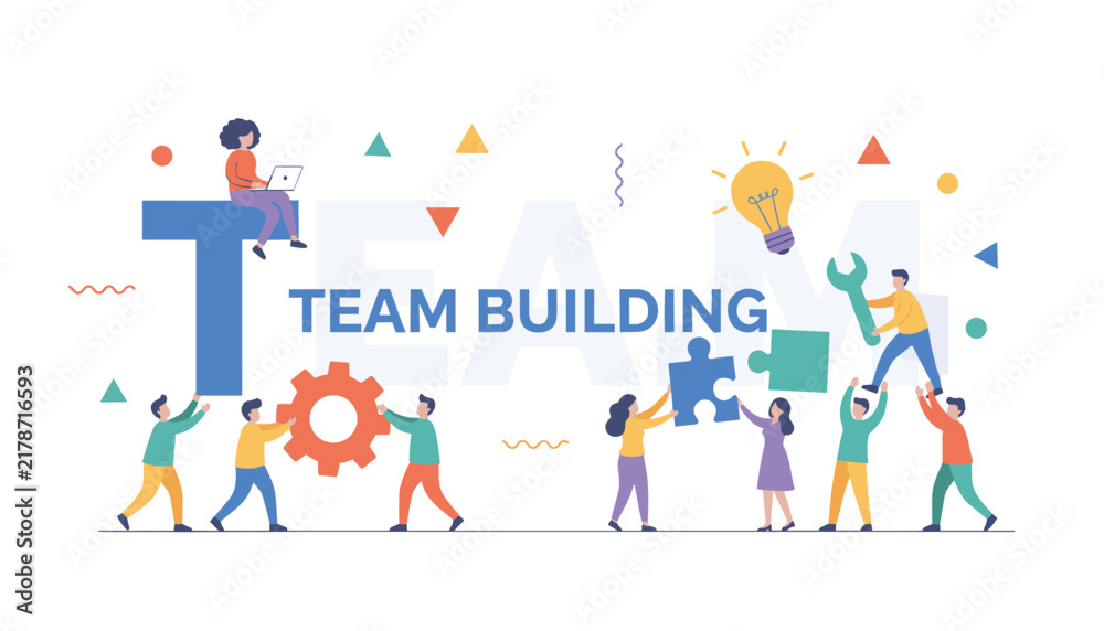 Fototapeta premium Creative team working together building the word team with gears puzzle pieces and lightbulb for business success.