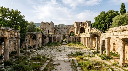 Ancient stone ruins with overgrown trees in a historic courtyard landscape.