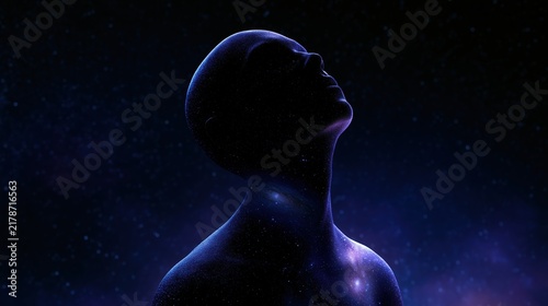 Obraz na płótnie Surreal human silhouette filled with a glowing galaxy against a deep starry space background, symbolizing consciousness, dreams, imagination, and the mysteries of the universe.