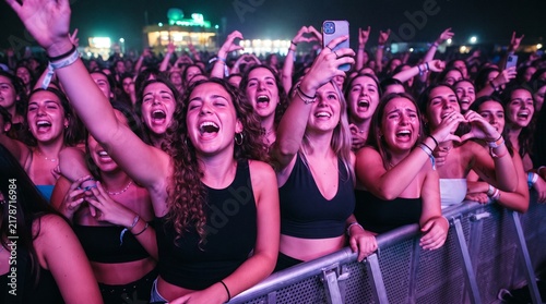 Emotional Female Fans Screaming and Crying in Front Row at Live Pop Music Concert