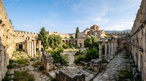 Ancient stone ruins with green trees in a historic courtyard under a clear blue sky
