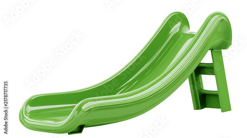 Green plastic playground slide isolated on a white background
