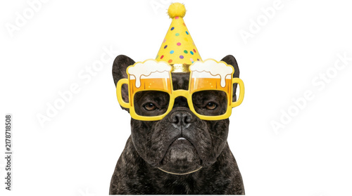 Funny black french bulldog dog wearing beer glasses and a party hat isolated on transparent background