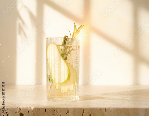 Vibrant and refreshing sparkling pear and rosemary infused drink served in an elegant tall glass on a textured stone surface illuminated by warm sunlight casting beautiful shadows