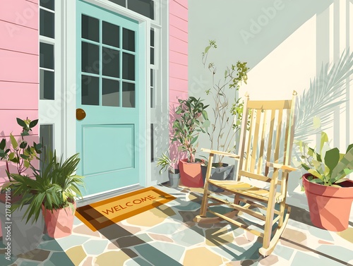 Welcoming Front Porch Scene with Rocking Chair and Plants Bathed in Sunlight. Warm Invitation.
