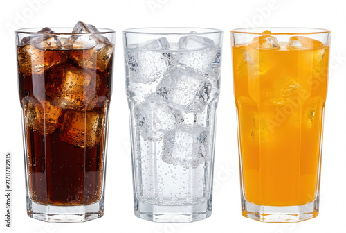 Three Glasses of Cold Fizzy Drinks with Ice Cubes