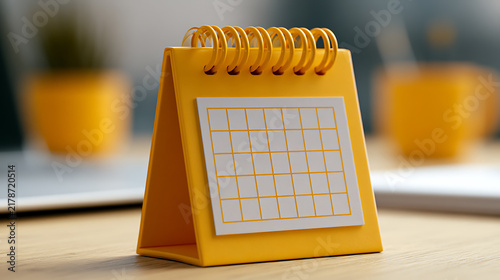Yellow desk calendar with blank pages sits on a wooden surface