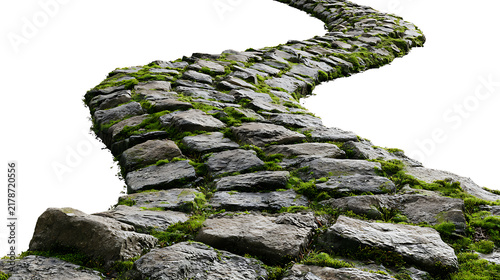 Winding cobblestone path with moss growth on a white background