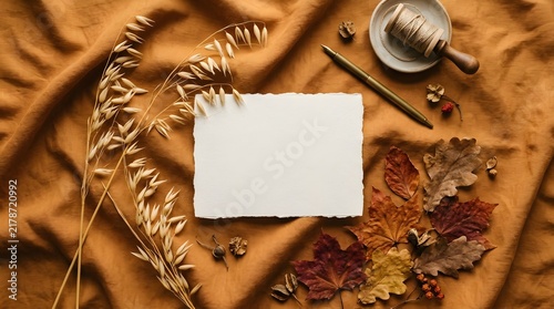 A beautiful and inviting thanksgiving flat lay featuring autumn leaves a blank card and subtle hints of a festive warm and grateful celebration atmosphere