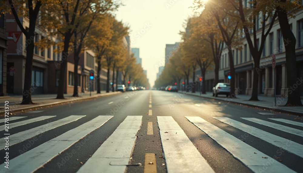 Obraz premium view of empty zebra pedestrian crossing on city street in warm autumn morning sunlight