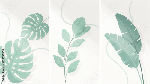 Three panels with green tropical leaves and wavy lines on a light gray minimalist background
