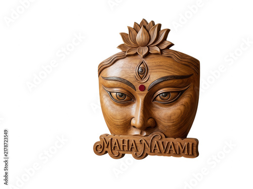 Wooden carved face of Goddess Durga isolated on transparent background