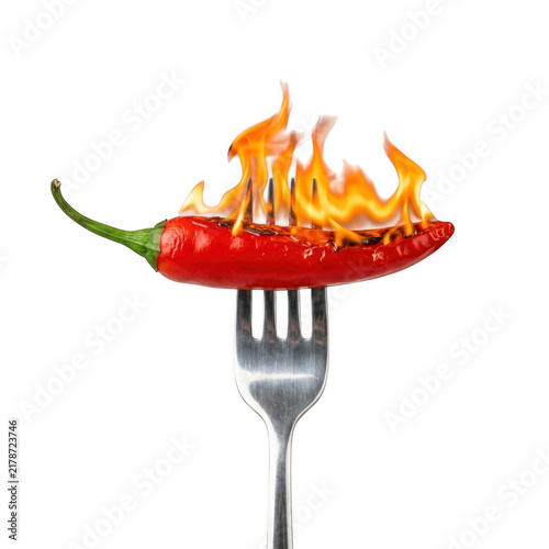 Red chili pepper on a fork with flames, isolated on transparent background