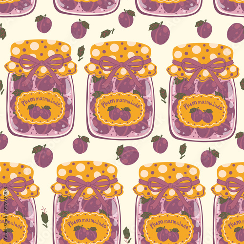 Vintage cartoon plum jam marmalade jars pattern on light backdrop. Flat folk art vector wallpaper with retro fruit preserves, yellow lids and fresh sweet plums for kitchen fabric print template.