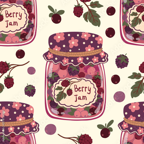 Vintage cartoon berry jam jars seamless pattern on cream background. Flat folk art vector wallpaper with retro fruit preserves and isolated sweet berries for Thanksgiving kitchen fabric print.