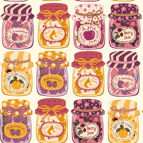 Autumn jam jars and retro marmalade seamless pattern on milk background. Flat folk art vector wallpaper with dense aligned row of homemade fruit preserves and jelly pots for kitchen fabric print.