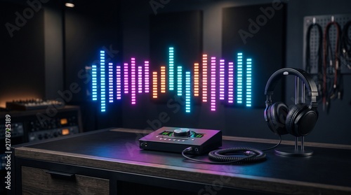 Modern recording studio setup with audio interface headphones and colorful equalizer display