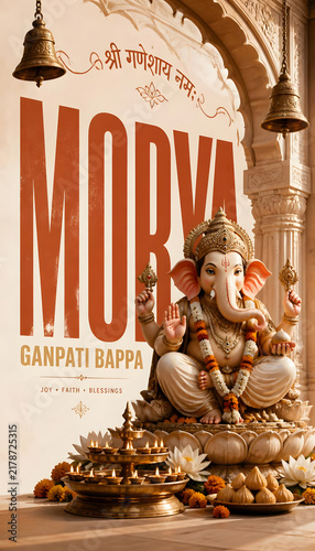 Ganesh Chaturthi Festival Celebration with Lord Ganesha temple idol lotus flowers lamps and traditional modaks design