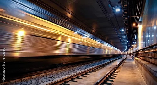Fast metro train traveling through a modern underground tunnel at night, with blurred motion creating brilliant light trails that illuminate the subway station and reflect on the railway tracks