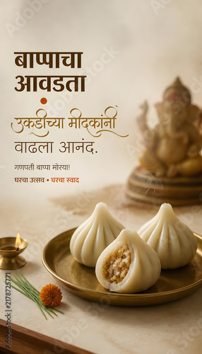 Ganesh Chaturthi Festival Celebration with steamed modaks and Lord Ganesha idol in devotional home setting design