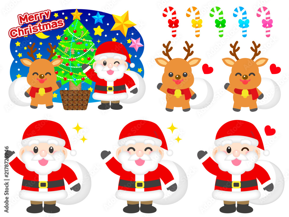 Fototapeta premium サンタクロースとトナカイのクリスマスイラスト素材セット