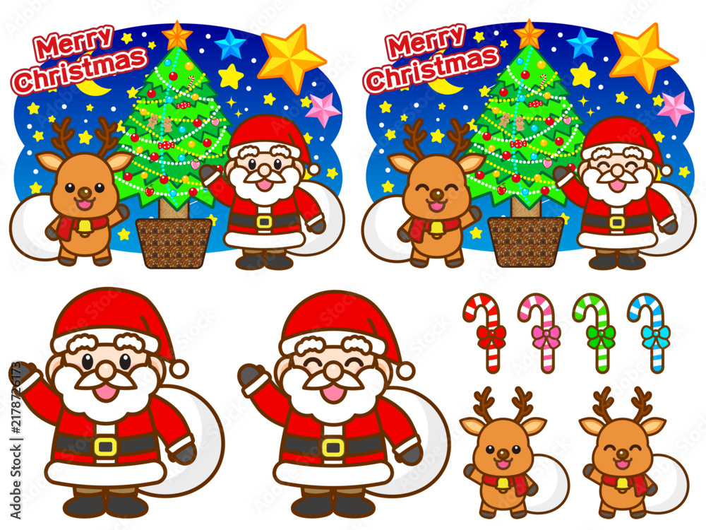Fototapeta premium サンタクロースとトナカイのクリスマスイラスト素材セット5